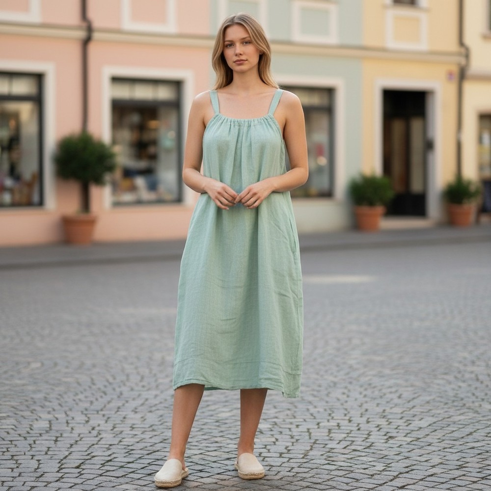 Malvin Linen Dress Womens XL Green Sleeveless Pleated Shift Summer Casual